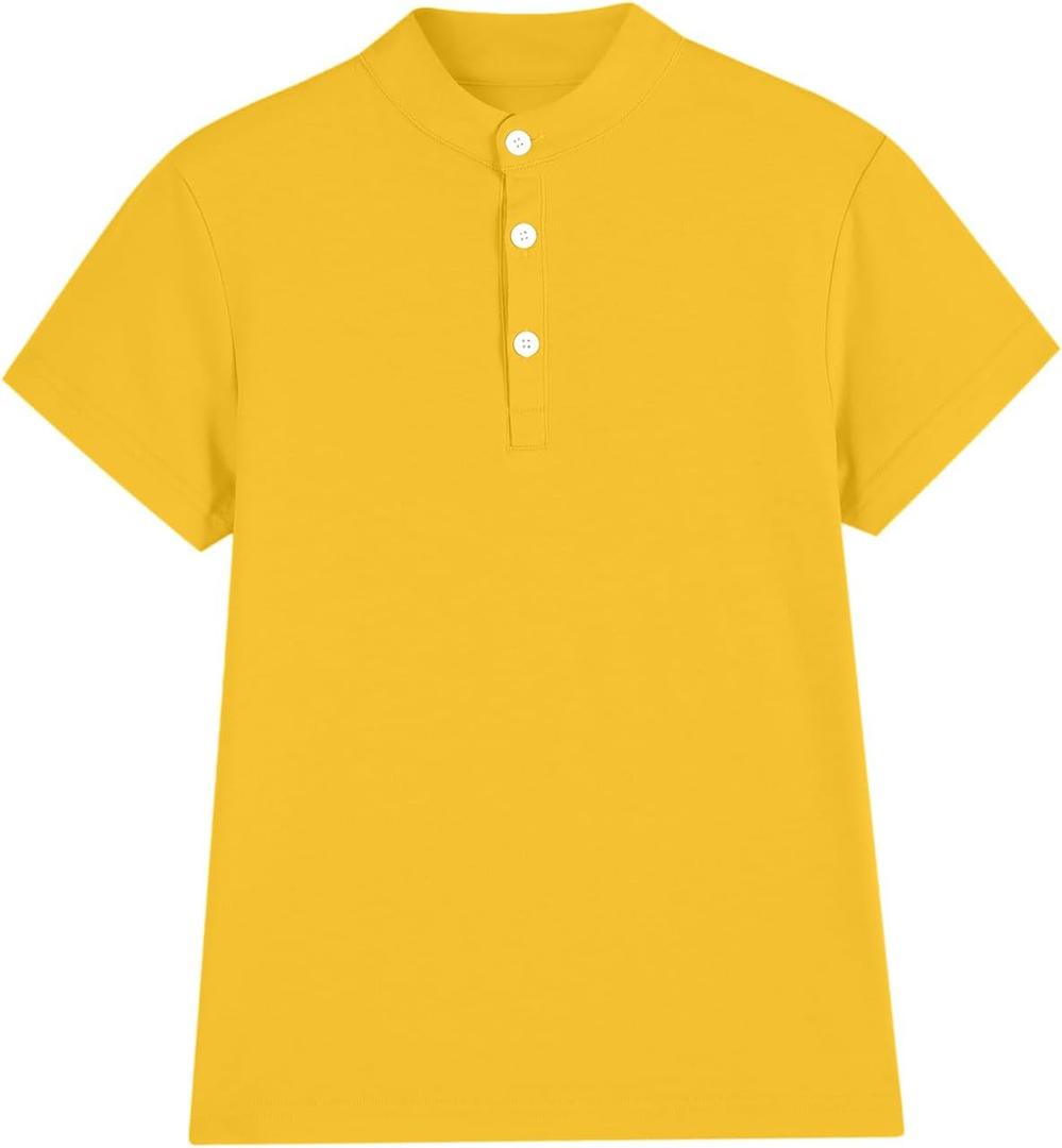 Phedrew Boys Short Sleeve Henley Shirt Kids Button Up T-Shirts Casual Summer Solid Tees (9-10 Years, Yellow)