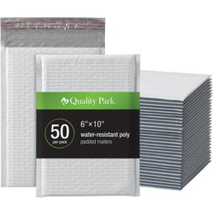 Quality Park Bubble Mailers, 6 x 9 Inch, White Poly Mailers, Padded Envelopes, Shipping Envelopes, Water Resistant, Self Seal, 50 Per Box (QUA85856), Plastic