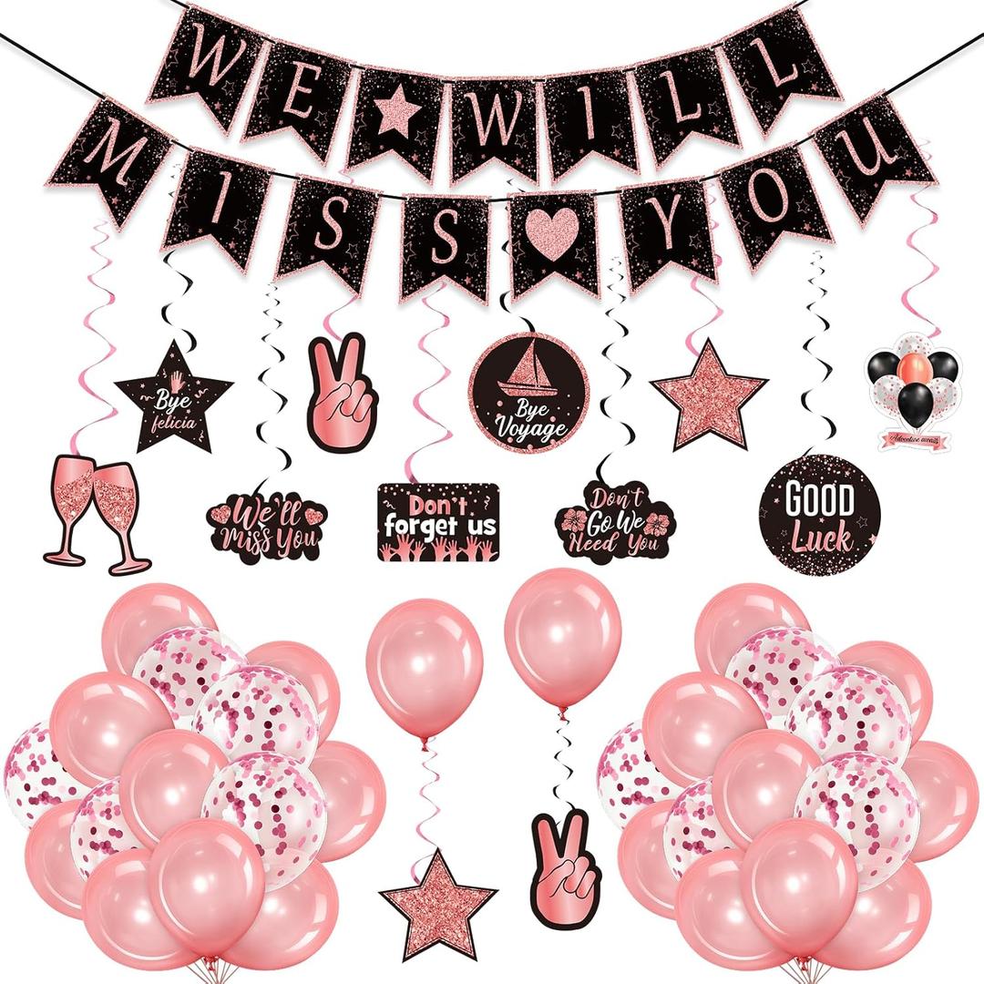 Tenare 53 Pcs Farewell Party Decorations Set We Will Miss You Banner Confetti Balloon Going Away Party Hanging Swirls Decor Kit for Retirement Farewell Going Away Job Change Parties(Black and Pink)
