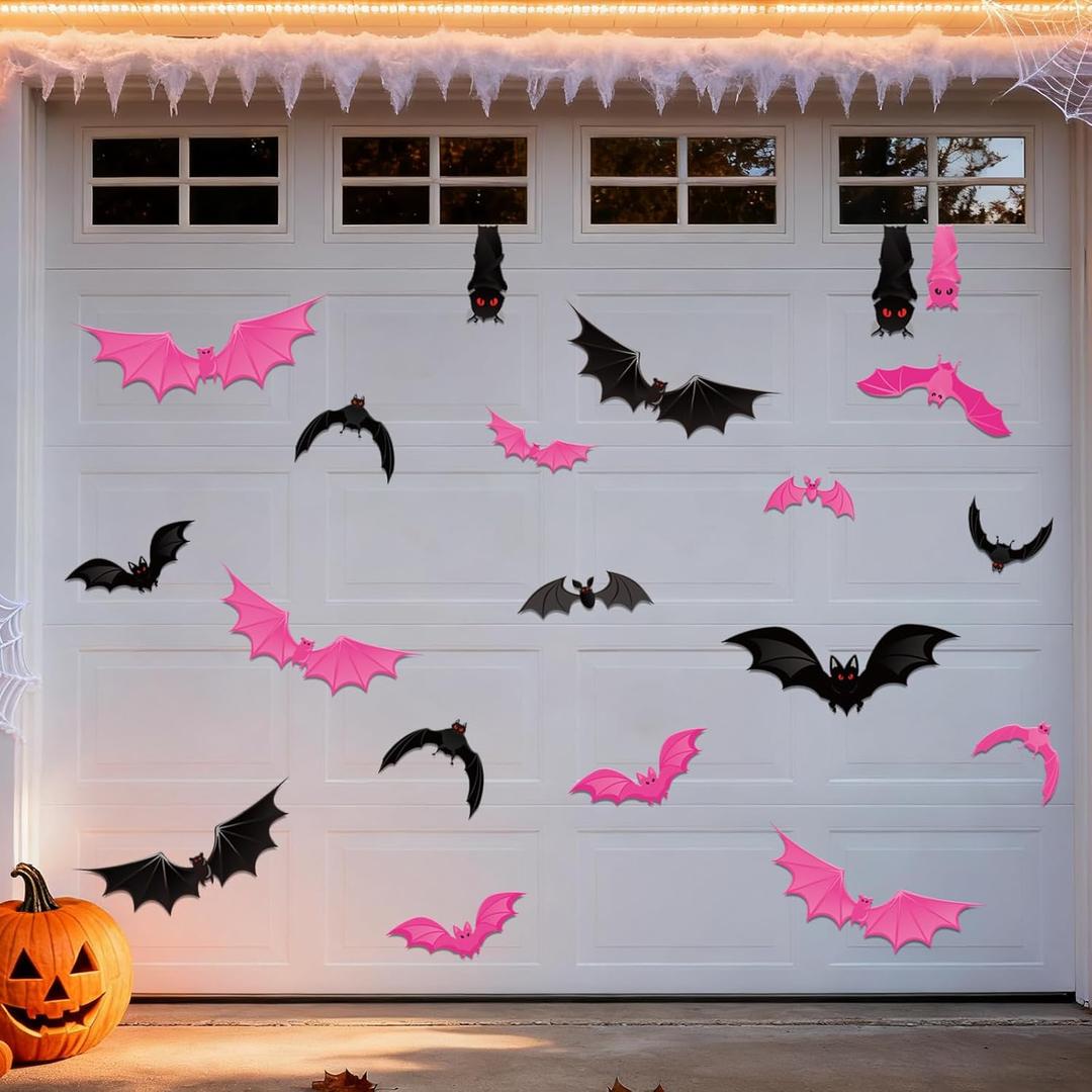 2 x 20Pcs Halloween Garage Decoration Magnet Stickers Black Pink Bat Refrigerator Decals Magnet Stickers for Party Home Door Dishwasher Decor