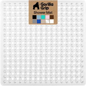 GORILLA GRIP Patented Square Shower Stall Mat, Small Bathtub Floor Mats for Stand Up Showers with Suction Cups and Drainage Holes, Machine Wash, Soft on Feet, Bathroom Accessories 21x21 Inch, Clear