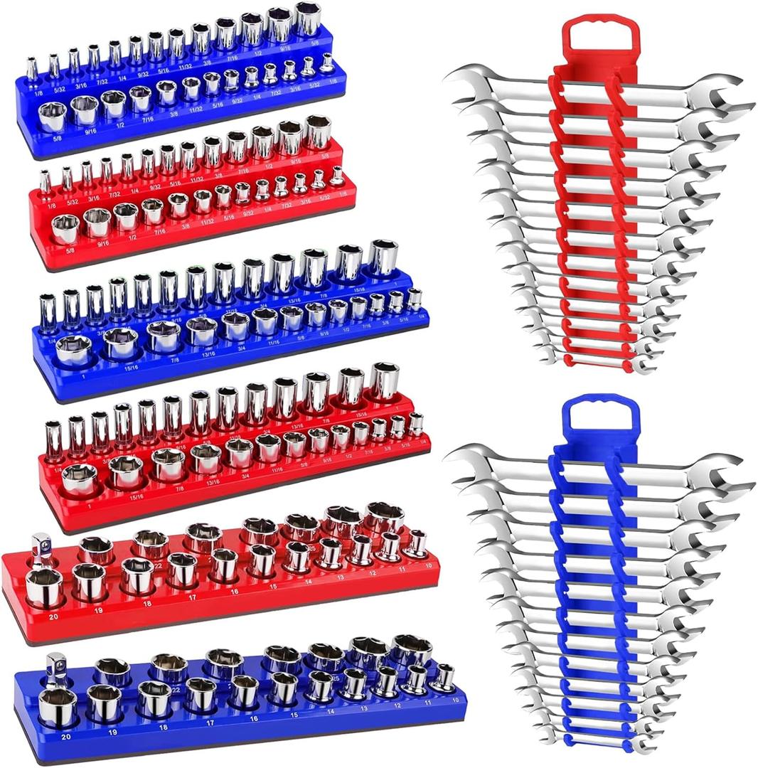 Magnetic Socket Organizer Set, 8PCS Socket Holder Organizer with 6 Socket Trays & 2 Wrench Racks, 1/4", 3/8", 1/2" Metric & SAE Tool Box Organizer for Garage, Workbench and Toolbox
