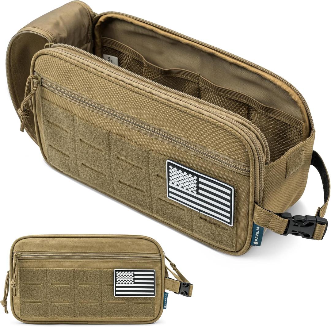 PAVILIA Tactical Toiletry Bag for Men, Travel Hygiene Bag, Military Gear Dopp Kit, Water Resist Molle Accessories Pouch, Mens Shaving Essentials, Gym Bathroom Shower Small Toiletries Tool EDC, Tan (Large)
