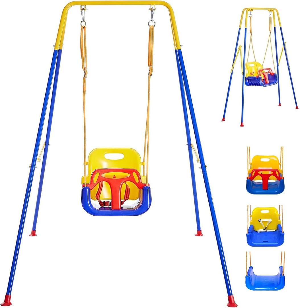 New Toddler Swing Set with Frame Indoor & Outdoor Baby Swing with Foldable Metal Stand Kids Swing Set for Backyard, Easy to Assemble & Store, Blue