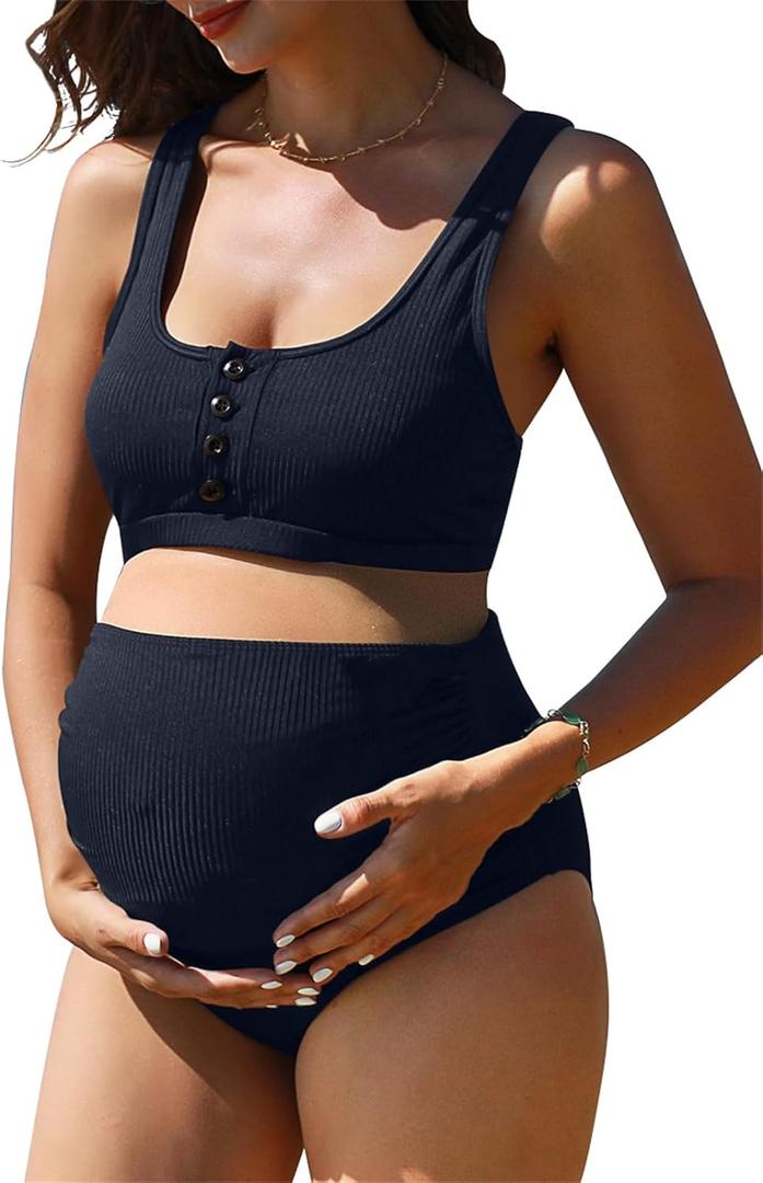 Summer Mae Maternity Ribbed High Waist Swimsuit Crop Top Bikini Bathing Suit High Cut Two Piece Pregnancy Swimwear (XX-Large, Navy)