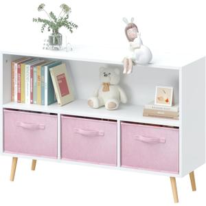 Kids Bookcase and Bookshelf, Multi Shelf Toy Storage Organizer, Kids Bookshelf with 3 Collapsible Fabric Drawers and Pine Legs, Kids Book and Toy Display Rack for Bedroom, Playroom White+Pink, 35.43 x 11.02 x 23.62 inches