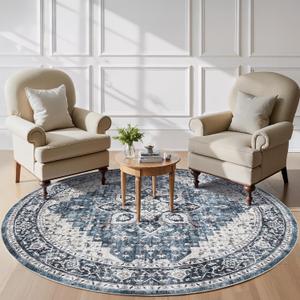 AMADA Round 8x8 Washable Area Rug for Dining Room, Blue, Vintage Pattern
