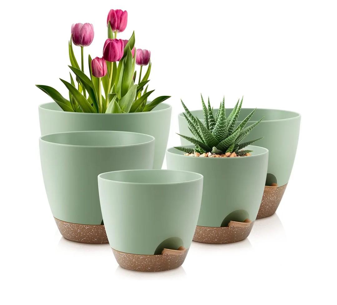 Plant Pots 10/9/8/7.5/7 Inch Self Watering Pots, Set of 5 Plastic Planters with Drainage Holes and Saucers,Plastic Flower Pots,Nursery Planting Pot for Indoor Out Door Plants（Green）