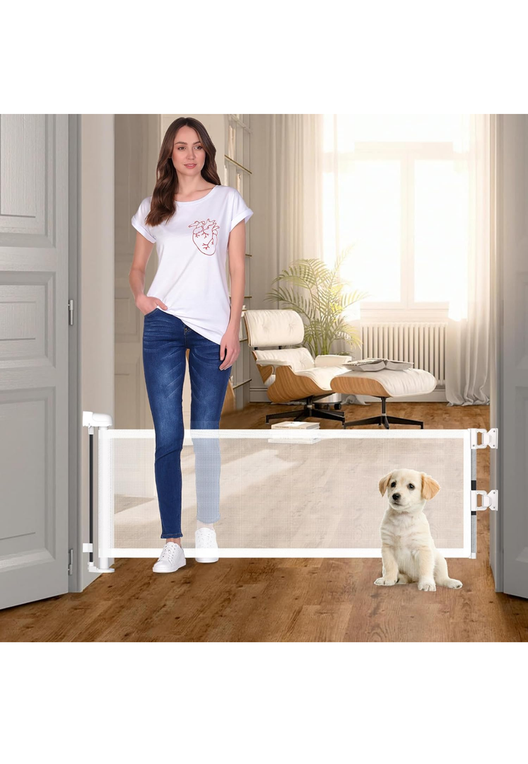 14" H Dog Gate - Puppy and Small Dog Gates, Retractable, Mesh, Expands Up to 59 Inches, Indoor/Outdoor, perfect for Doorways & Stairs