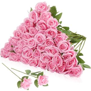 36 Pcs Silk Pink Roses Bouquet Bridal Artificial Flowers Mothers Day,Fake Rose Long Stem Realistic Artificial Flowers Bulk for Wedding Bouquet Ball Arrangement Centerpiece Party Decor