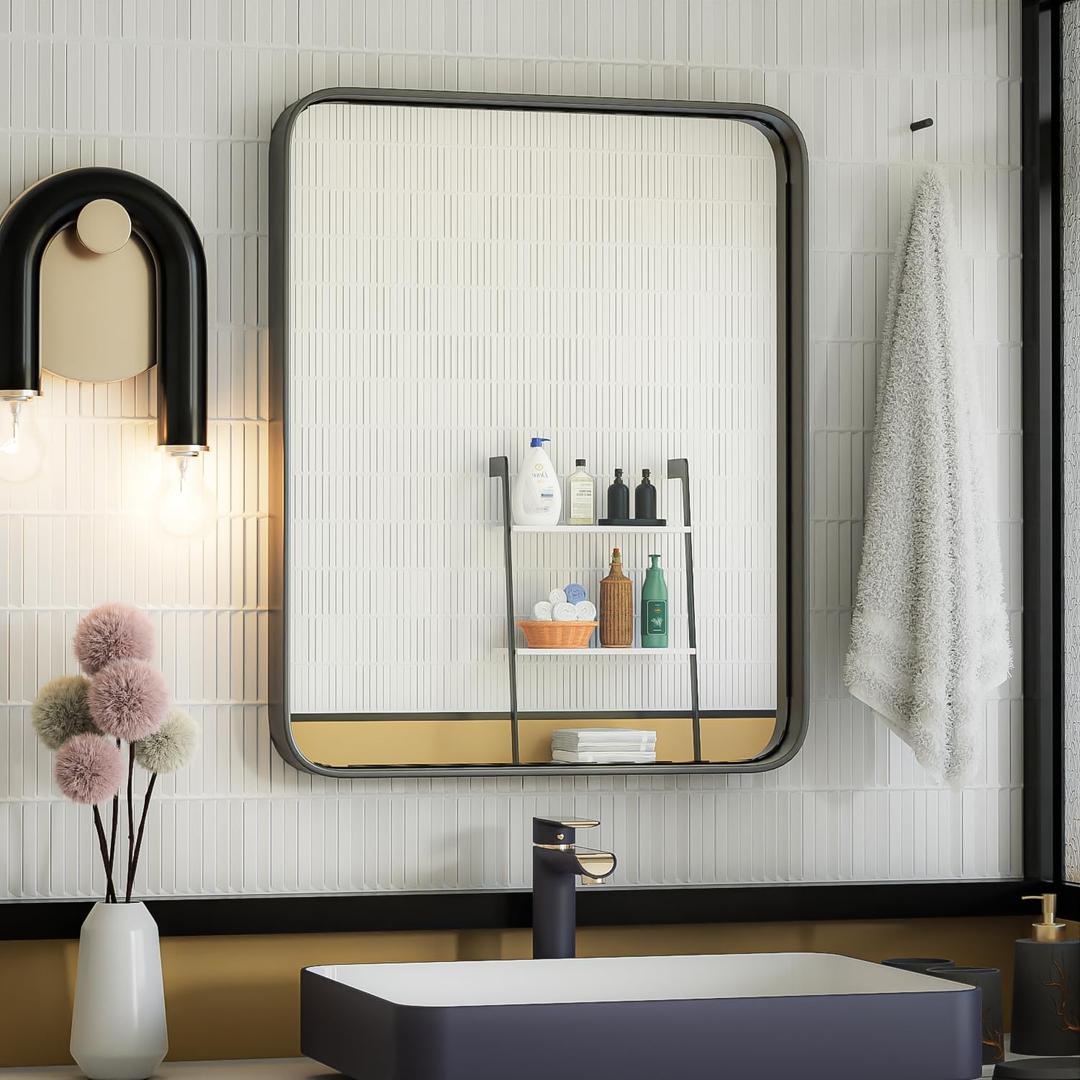 ISKM Black Framed Mirror for Wall 20"x 16", Bathroom Vanity Mirror Anti-Rust, Tempered Glass, Rounded Rectangle Mirror(Horizontal/Vertical)