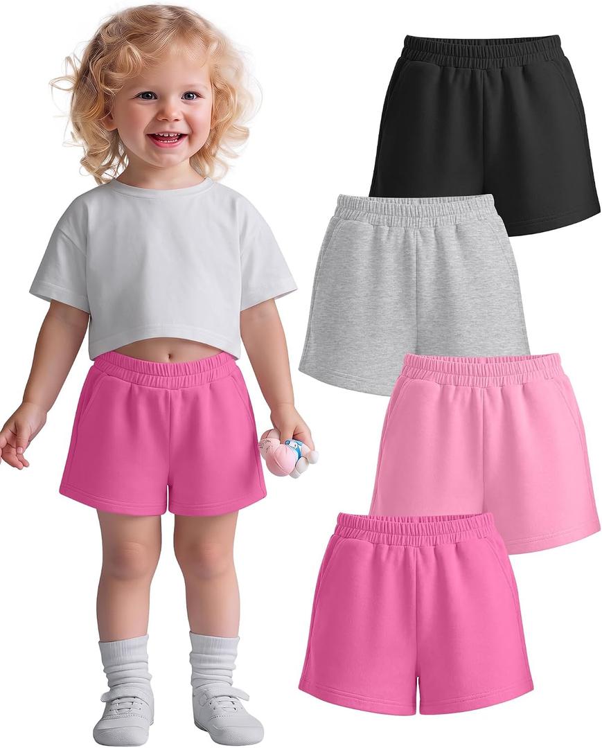 4 Pack Toddler Girl Shorts, 18m-5t | Baggy Pull On Athletic Shorts with Pockets, Elastic Waist SweatShorts, Back to School, Summer Casual Daily Wear, Comfortable