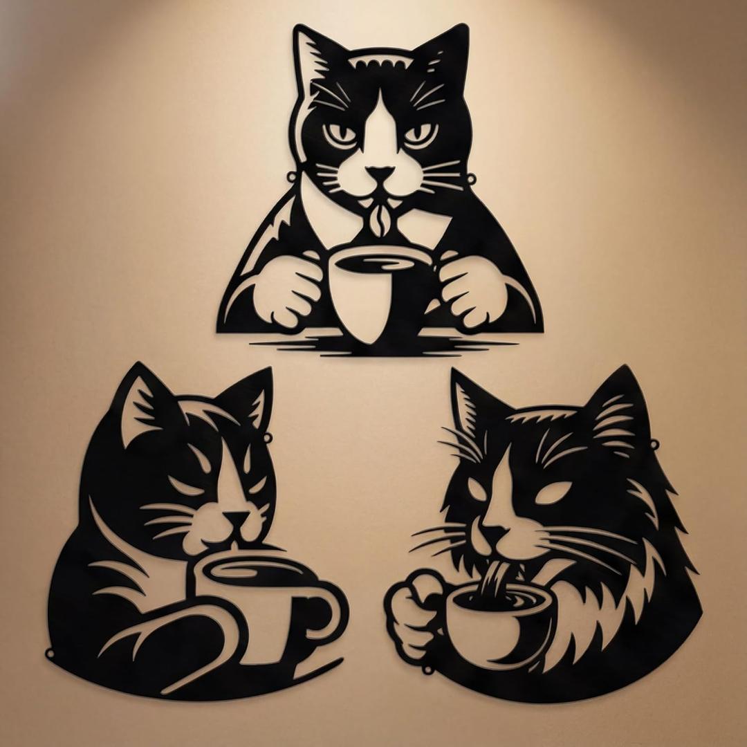 Kathfly 3 Pcs Metal Black Cat Vintage Signs for Coffee Bar Retro Cafe Themed Wall Art Decor Cat Drink Coffee Hanging Decoration for Kitchen Shop Restaurant Lounge Bedroom Wall Decor