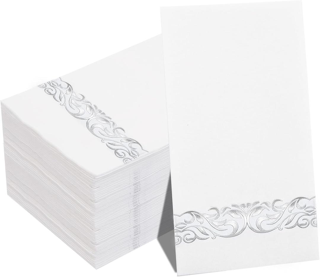 WDF 150Pack Silver Napkins Paper Disposable - 3ply Silver Napkins, Premium Quality Disposable Napkins, Party Napkins Dinner Napkins for Bridal & Baby Shower Wedding Anniversary Birthday Christmas (White and Silver - 150PCS)