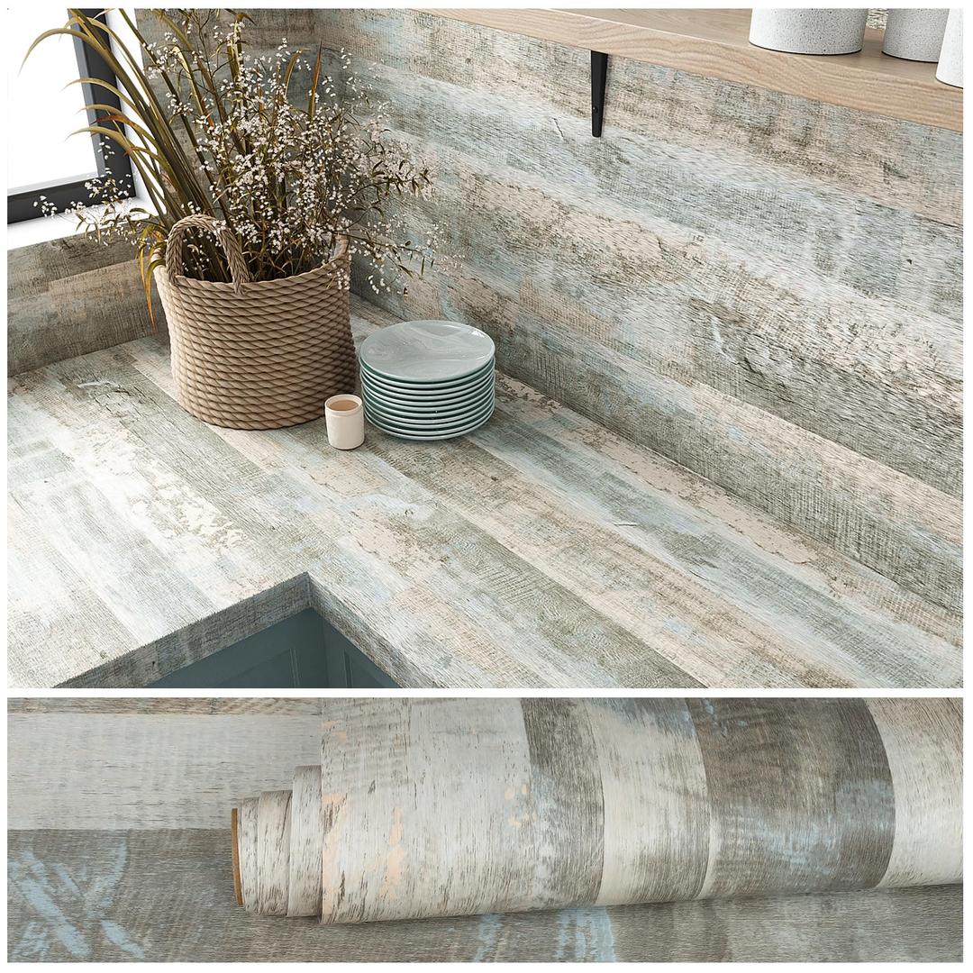 VEELIKE 354''x32'' Wide Weathered Wood Wallpaper Peel and Stick Light Blue Wood Contact Paper for Countertops Walls Floors Waterproof Removable Wood Panel Wallpaper for Bedroom Kitchen Farmhouse RV