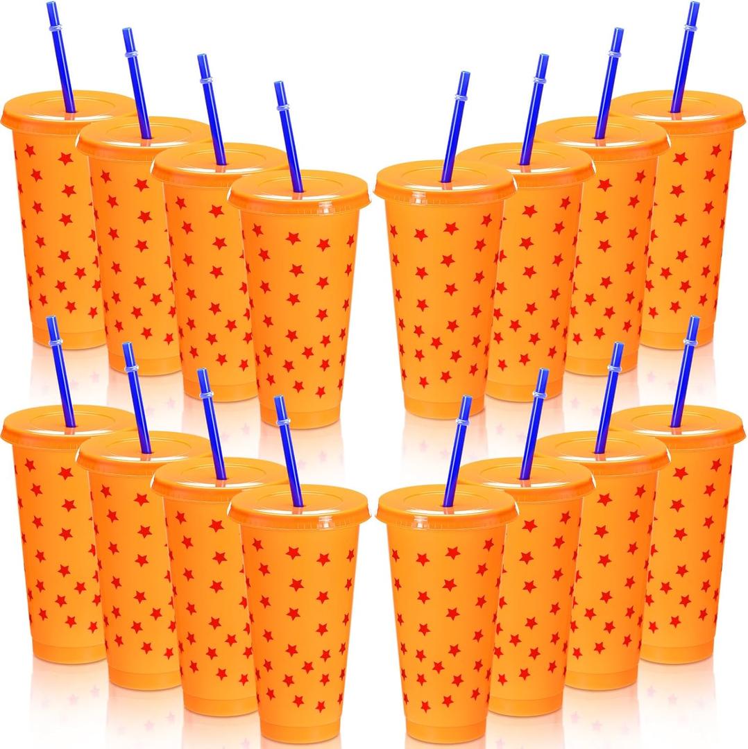 Honeydak 16 Pcs Anime Theme Birthday Party Decorations Cups with Silly Straws Bulk 24 oz Drinking Orange and Blue Resuable Plastic Cups for Birthday Party Favor