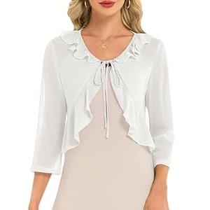 Wedtrend Womens Cardigan Tie Front Lightweight Women Cropped Sweater 3/ 4 Sleeve Women Shrugs Sheer White Shrug for Evening Dresses RWTPJ004WhiteM