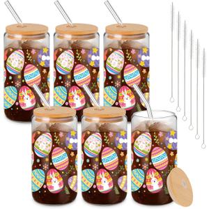 Yungyan 6 Pcs Easter Glass Cup with Lids and Straws, 16 oz Eggs Tumbler Easter Drinking Glasses Iced Coffee Cup Drinking Jars for Women Men Couple Lover Birthday Party Favor Gift