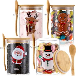 Suclain 4 Pcs Christmas Glass Storage Jars 24 oz Xmas Candy Cookie Jar Containers with Airtight Lids Spoons Santa Snowman Reindeer Gingerbread Man Decorative Canisters for Home Kitchen Countertop
