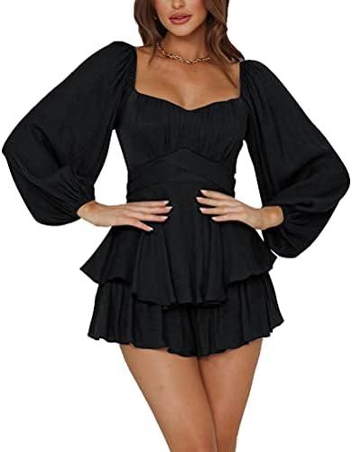 LYANER Women's Jumpsuit Lantern Long Sleeve Ruffle Layer Tie Mini Short Romper Size XXL