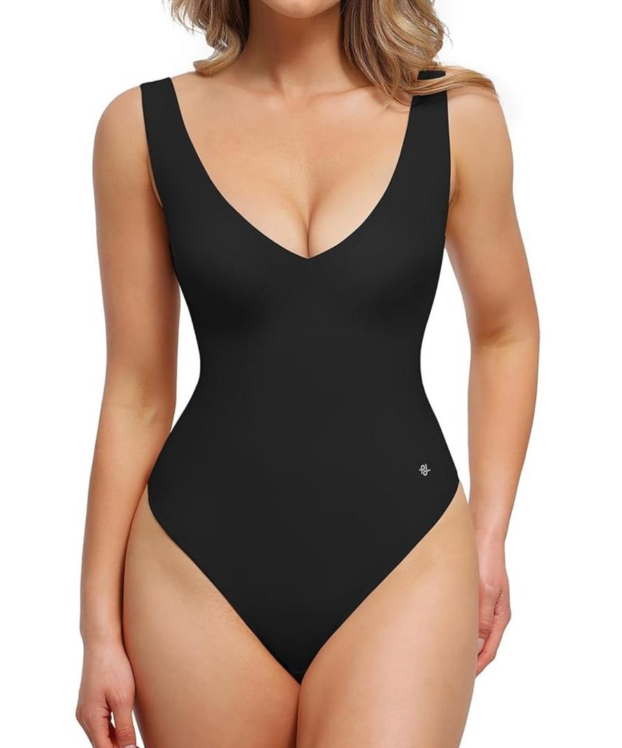 Popilush Body Suits for Women - Going Out Tank Tops - Plunge Deep V Neck Backless Sleeveless Tummy Control Shapewear Bodysuit L