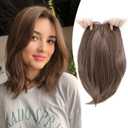 Ms Taj 12 Inch Hair Topper for Women with Thinning Hair, 6.5"x6.5" Large Base Synthetic Hair Topper with Bangs, Ladies-Dark Golden Brown with Highlights