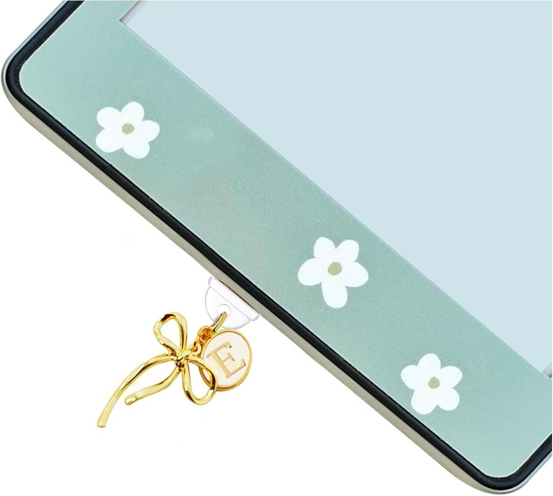 MORWLAT Bow Letters Dust Plug Charm Compatible with Kindle Paperwhite,Type C/USB C Dust Plug, Women Gift for E-Reader Lover Teachers Students(E)