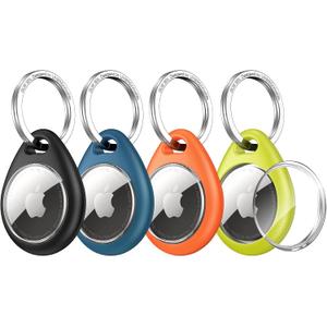 UNBREAKcable for Apple AirTag Holder - 4 Pack [Fit Tightly Design] [Easy to Install] [Hold Air Tag Securely] Waterproof TPU Shell Protective Case with 304 Stainless Steel Keychain Key Ring (Black&Blue&Orange&Green)