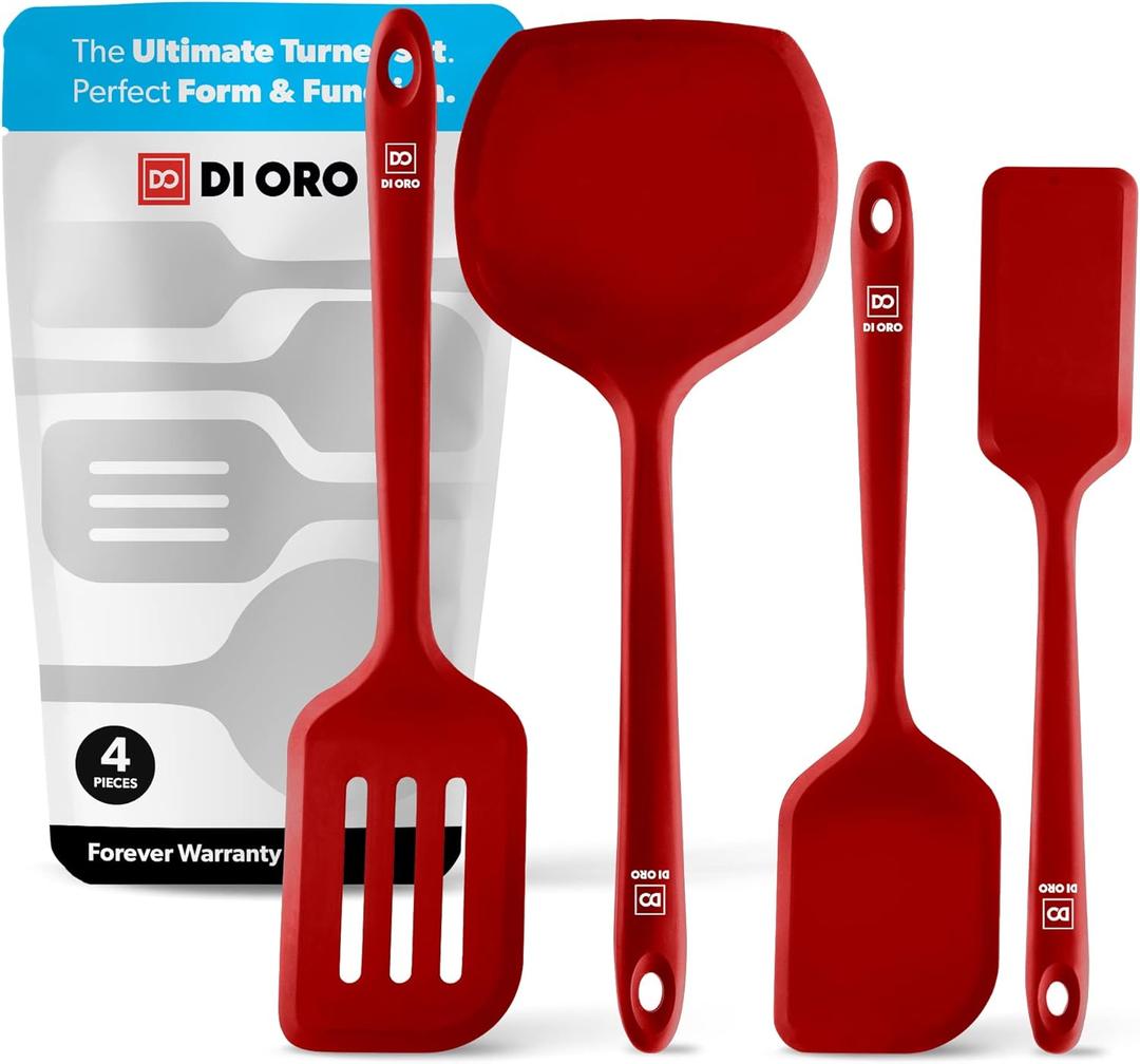 New DI ORO Seamless Series Moda 4-Piece Silicone Turner Spatula Set - 600F Heat-Resistant Flexible Kitchen Spatulas for Nonstick Cookware - Flippers for Eggs & Pancakes - Utensils for Cooking (Red)