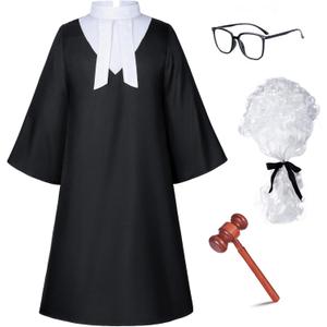 Irtysh Halloween Robe Judge Lawyer Adult Party Graduation Gown Costume Cosplay Wooden Gavel Wig Glasses Gloves set (Black, XL)