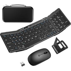 Foldable Keyboard and Mouse, EDJO Folding Keyboard Mouse Combo with Portable Case, 2.4G Wireless & Bluetooth, USB-C Rechargeable Travel Combo for Windows, Mac OS, iOS, Android PC/Laptop/ (Black)