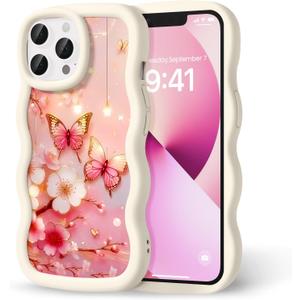 Compatible with iPhone 13 Pro Case for Women Girls, Curly Wavy Frame with Cute Pattern, Aesthetic Slim Soft Silicone TPU Bumper Shockproof Phone Case for iPhone 13 Pro - Cherry Butterfly