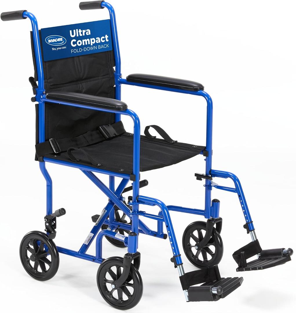 Invacare Transport Wheelchair for Adults, Compact Lightweight Wheel Chair with Foldable Backrest, 19in Seat with Seatbelt, Swing-Away Footrests, Portable Steel Travel Transfer Chair
