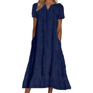 chouyatou Women Summer Ruffle Hem Floral Lace Eyelet Dress Casual Notch Neck Midi Tunic Dress with Pocket (X-Large, Navy Blue)