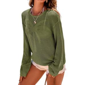 Dokotoo Womens 2026 Summer Crochet Long Sleeve Sweaters Casual Crewneck Pullover Shirt Boho Tops for Women Beach Cover ups for Women Green, Medium