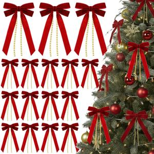 24 Pcs Velvet Ribbon Bows for Christmas Tree, Rustic Ribbon Ornaments Vintage Crafts Wreath Bows for Xmas Door Garland Gift Wrapping Decorations(Red)