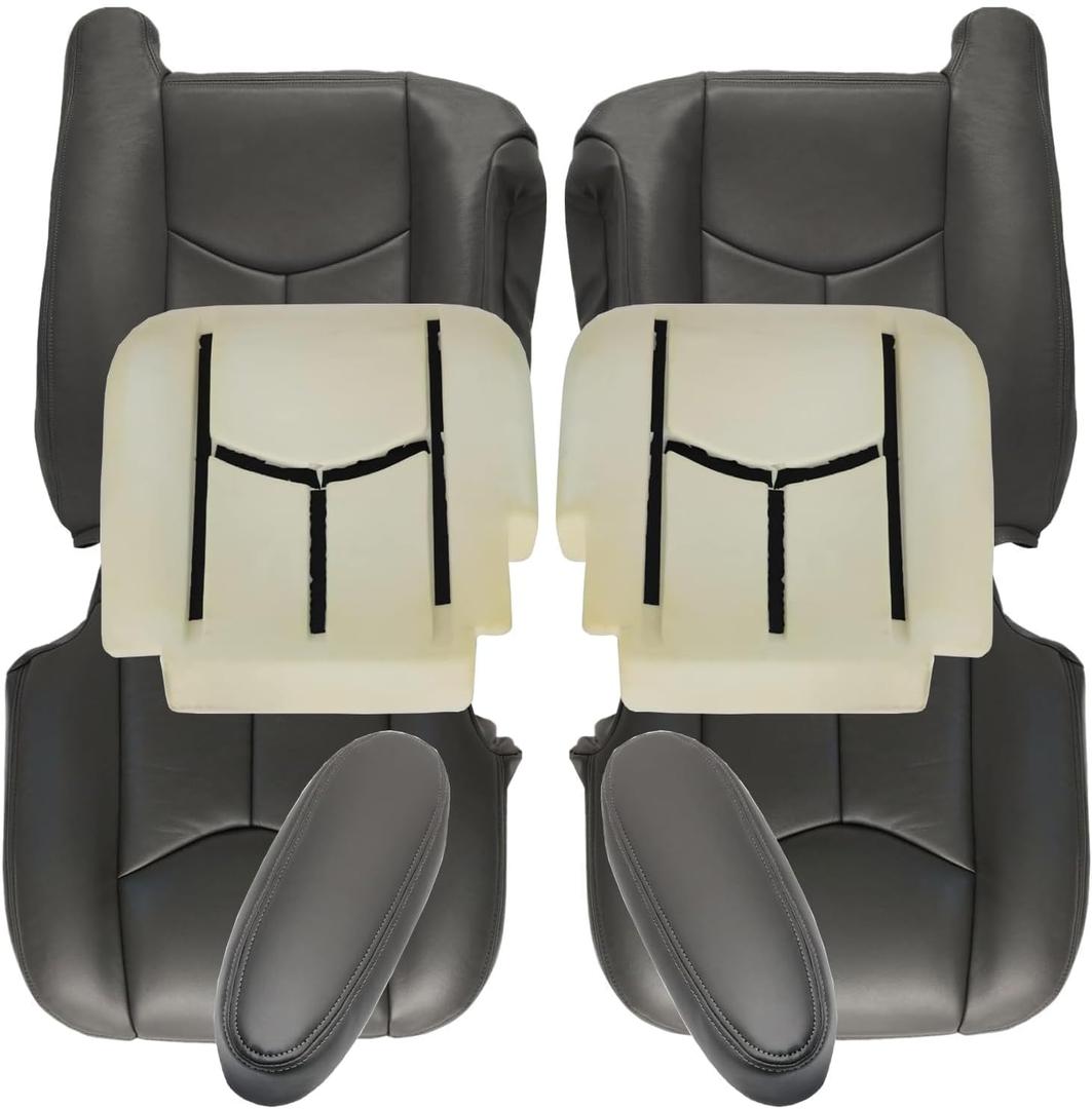 GXARTS Driver and Passenger Side Bottom and Top Lean Back Leather Seat Cover and 2 Foam and 2 Armrest Fit for Chevy Silverado Avalanche Tahoe Suburban GMC Sierra Yukon XL 2003-2006 Dark Gray 692/69i