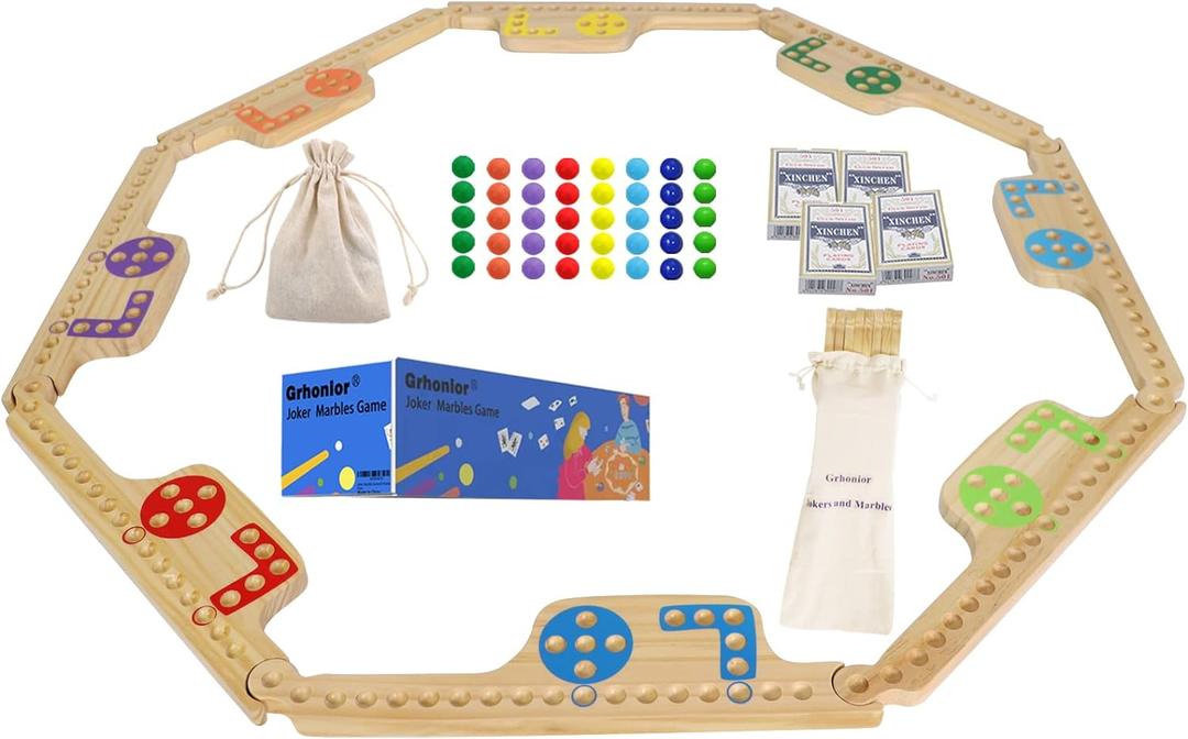 Marbles and Jokers Board Game Pegs and Jokers Real Solid Wood (Pine) Game Board Wooden for 2-8 Players 8 Game Boards 8 Colors 40 Marbles 4 Boxes Card