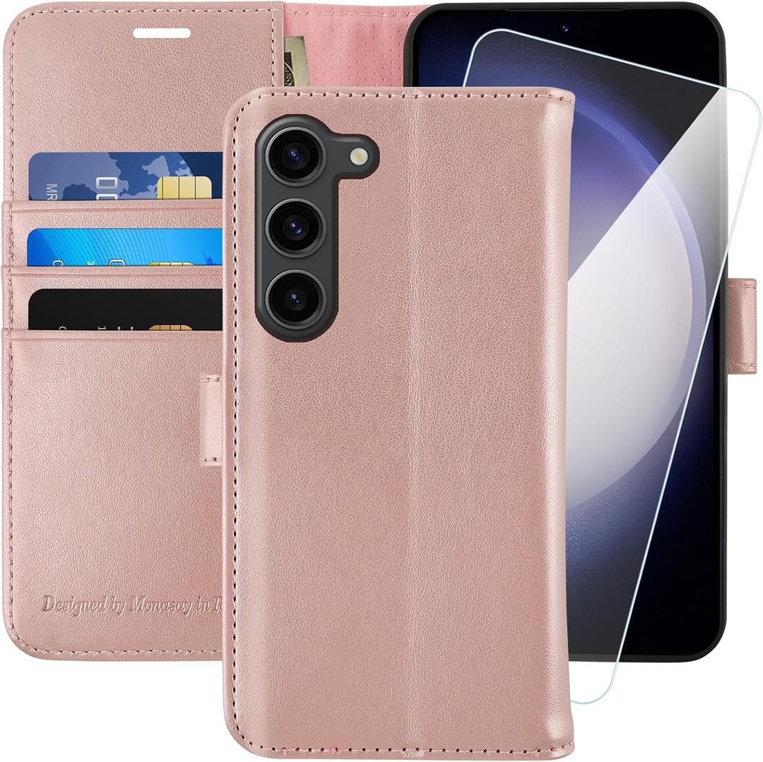 MONASAY Wallet Case Compatible for Galaxy S23 5G,[RFID Blocking] Flip Folio Leather Cell Phone Cover with Credit Card Holder, 6.1 inch, Rosegold