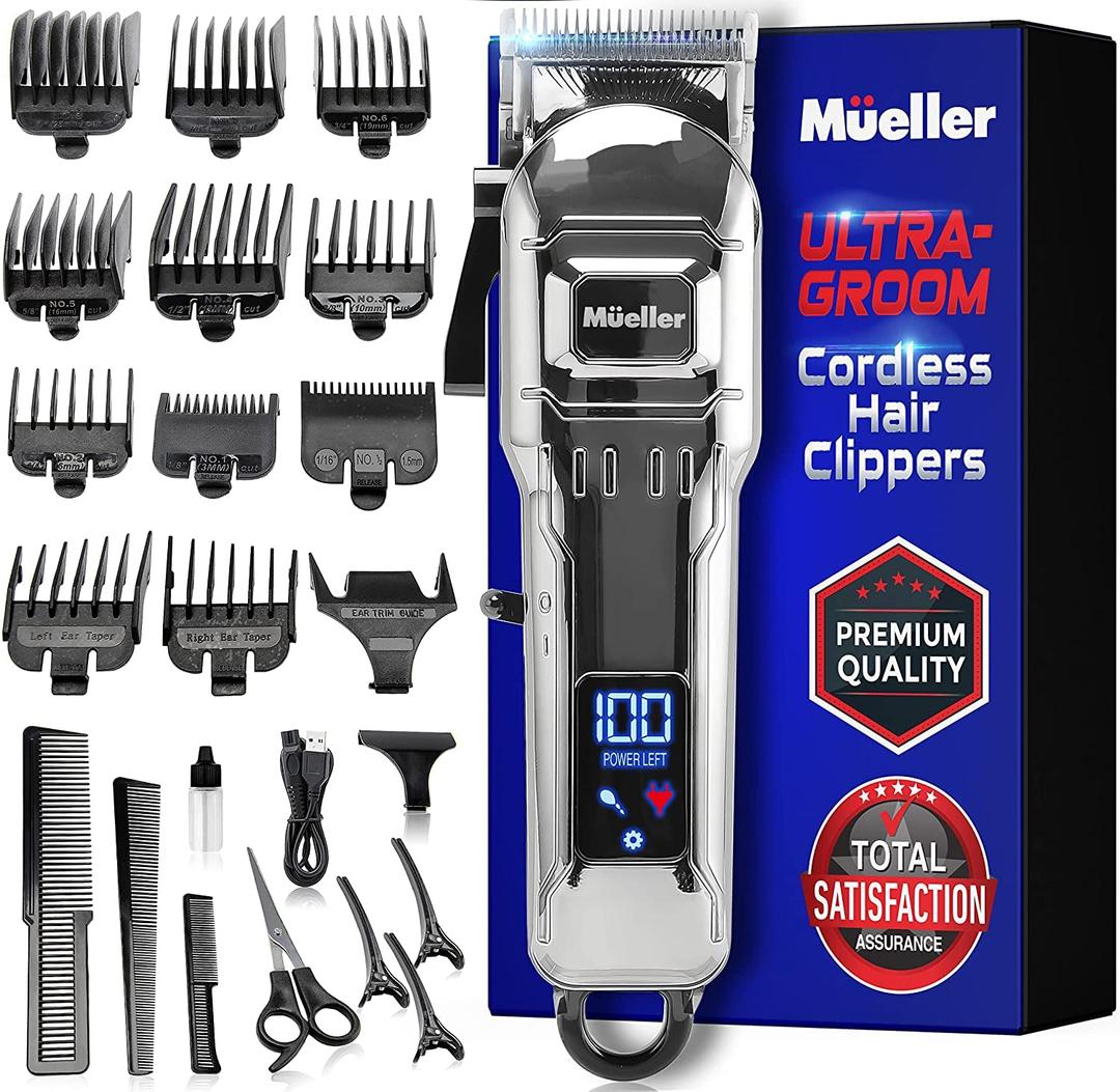 Mueller Ultragroom Hair Clipper & Trimmer, Professional Colored Haircutting Kit, designed for both Men and Women, 12 Guide Combs, Trimmer for Hair, Beards, Head, Body, and Face