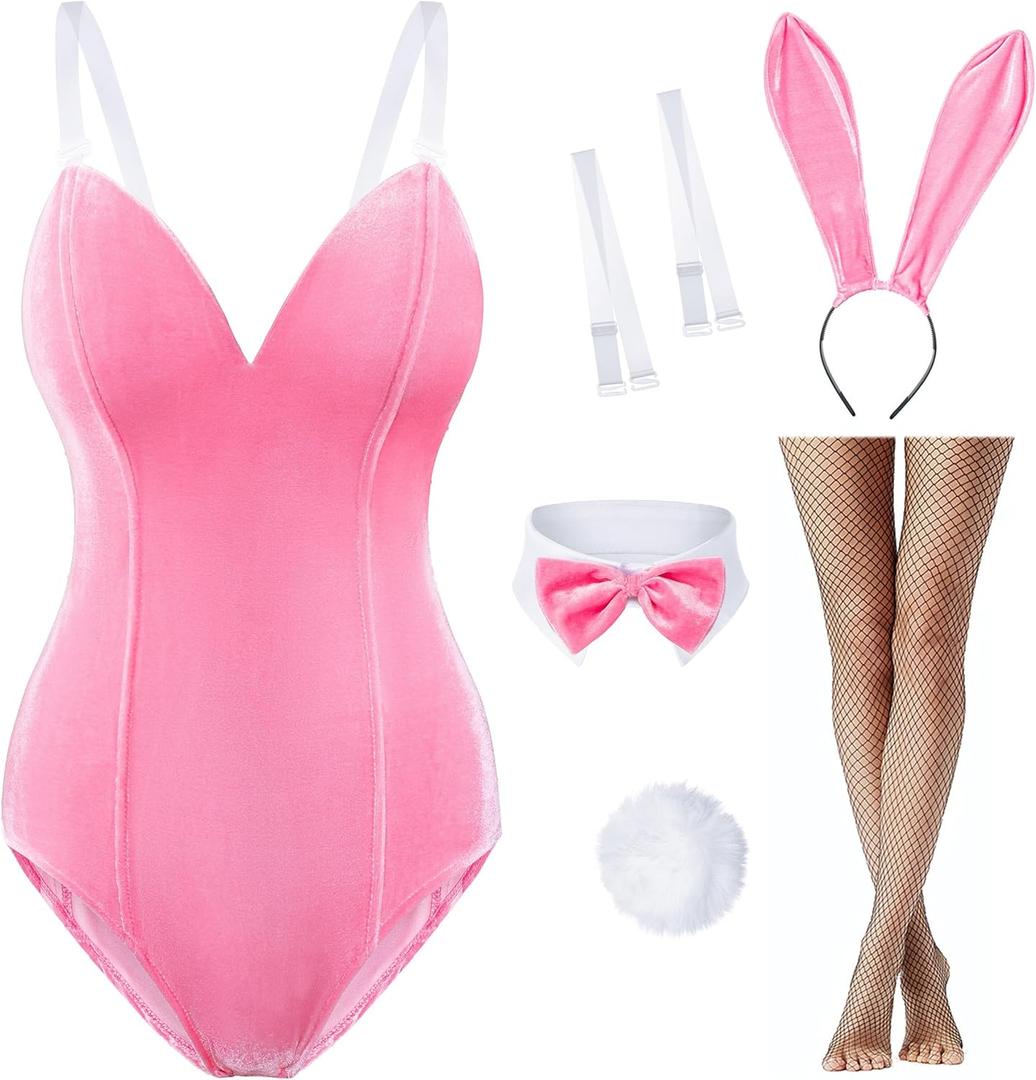 Women Velvet Bunny Costume Bunny Girl Suit Costume Senpai Cosplay One Piece Bodysuit Stockings Set (X-Small, Pink)