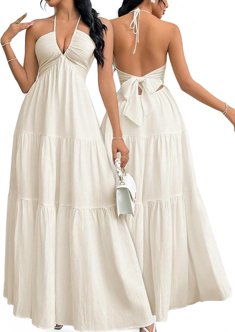 Narecte Women's Maxi Summer Dresses Halter V Neck Beach Dresses for Women A-Line Casual Dress for Vacation (Medium, Beige)