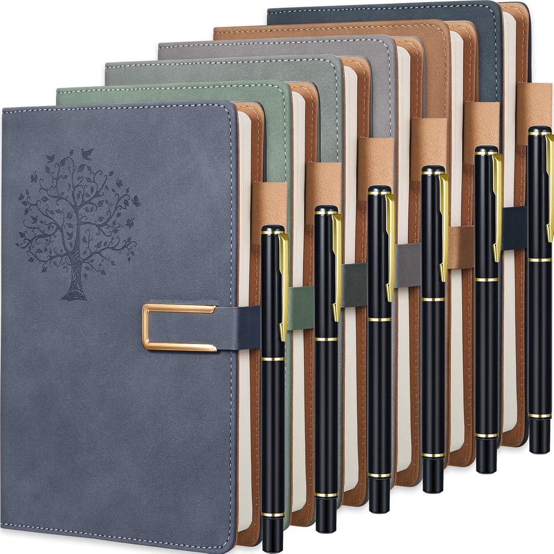 Xinnun 6 Set Tree Refillable Writing Journals with Ballpoint Pens Leather Journals Hardcover Notebook Refillable Travel Diary Journal Gift for Women and Men A5 Lined Magnetic Notebook 200 Lined Pages