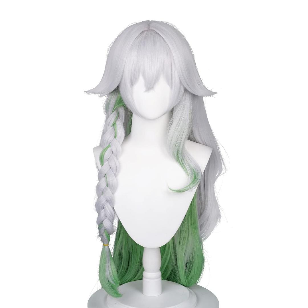 Meguru Greater Lord Rukkhadevata Wig Genshin Impact Cosplay Silver Braid Green Gradient Long Wave Hairs for Adult Women Cos Nahida Role Playing Party(Nahida)