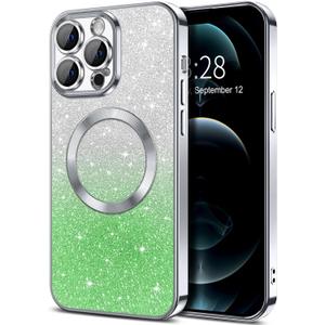 Hython for iPhone 12 Pro Max Case Clear Magnetic Glitter Phone Cases [Compatible with MagSafe] Full Camera Lens Protector Slim Gradient Sparkle Luxury Plating Shockproof Protective Cover Women, Silver 2 Pack