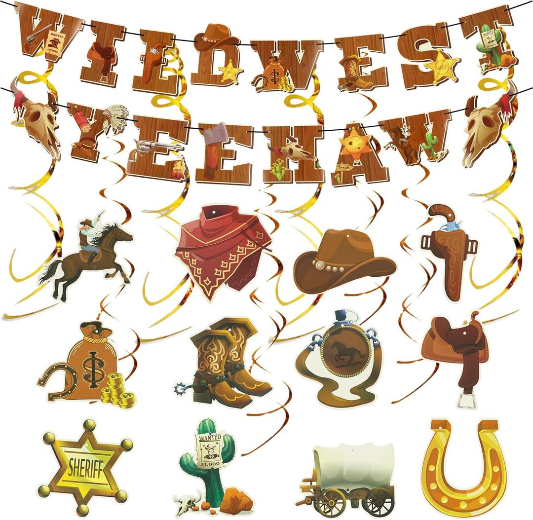 Happy Birthday Cowboy Party Decorations, Western Themed Party Decorations, Wild West Party Decorations Cowboy Banners Hanging Swirls, YITOBA Country Western Party Decor Supplies for Cowboy Birthday (Brown)