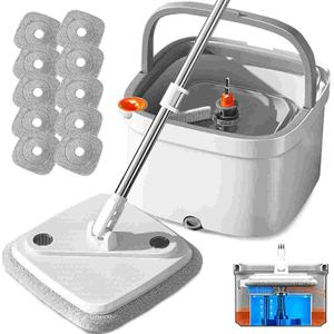 Spin Mop and Bucket Set with Self Separation System 360 Spinning Self-Wringing, Square Clean Mop and Bucket with Wringer-with Replaceable Mop (Light Grey Mop and Bucket Set 10pads)