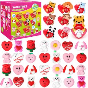 28 Pack Valentine Mochi Squishies Gifts for Kids, Greeting Cards and Mochi Squishies Filled Hearts Kawaii Squishies Stress Relief Fidget Toys Classroom Exchange Party Favors Prizes Gifts