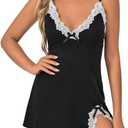 Women's Sexy Lingerie Babydoll V Neck Side Slit Sleepwear Cotton Nightgowns Slip Dress Chemise Nightwear (Black, XXL)