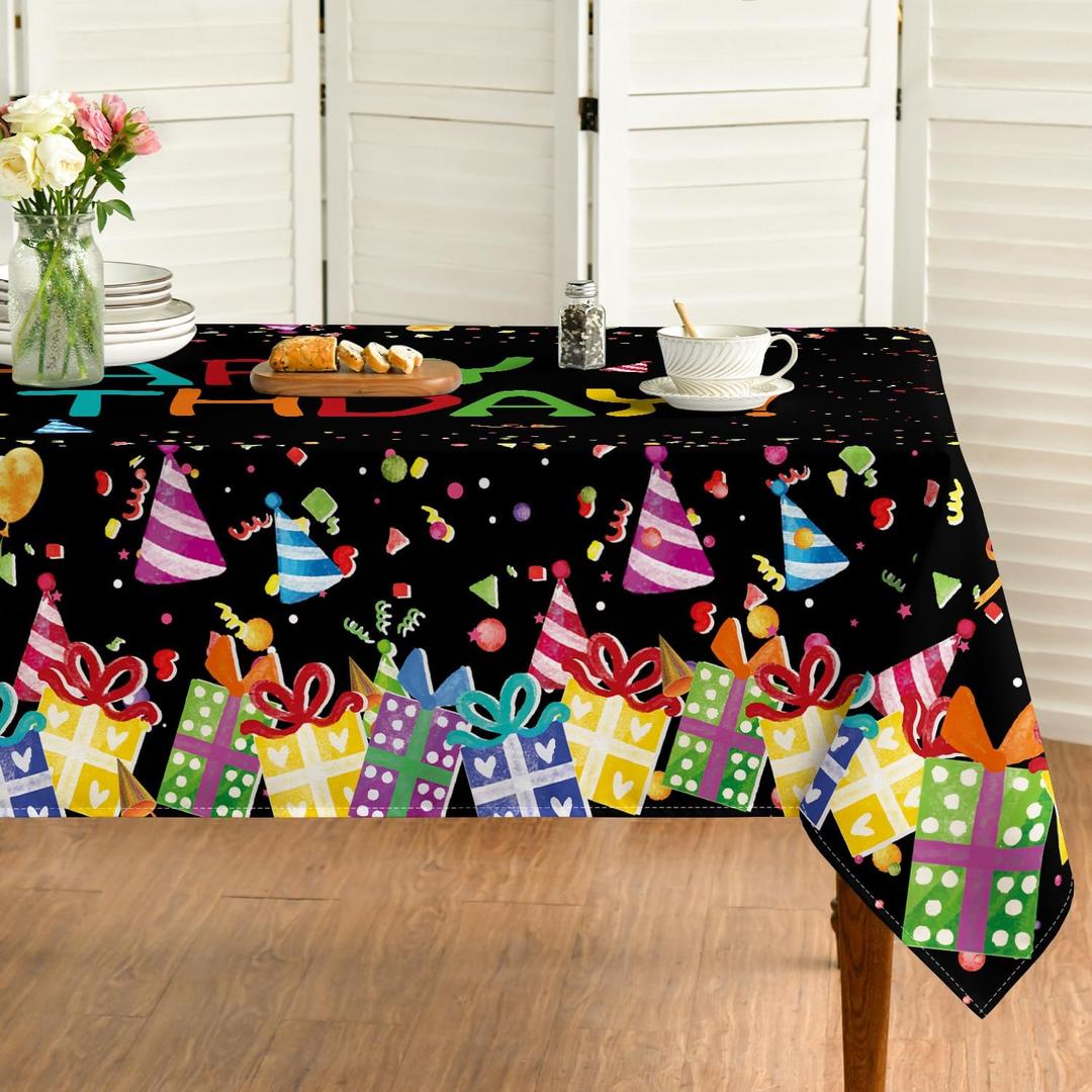 Horaldaily Birthday Tablecloth 60x84 Inch Rectangular, Happy Birthday Ballon Black Washable Seasonal Table Cover for Party Picnic Dinner Decor